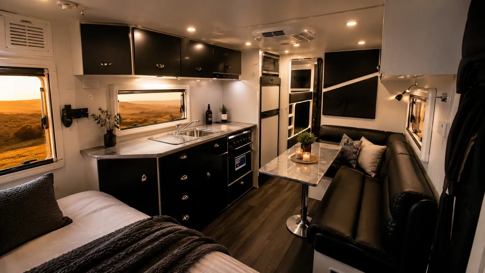 Inside the Classic — kitchen and lounge at dusk
