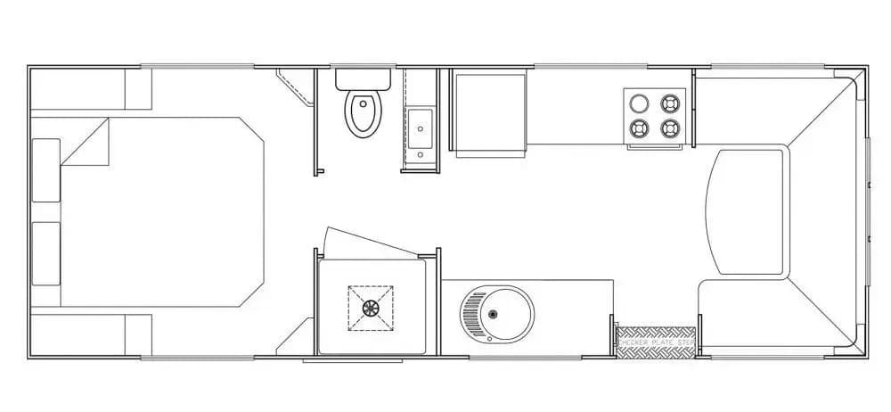 Canyon Caravans Summit floorplan with front U-shaped lounge, mid kitchen and round sink opposite entry, central shower cubicle, rear corner toilet and vanity, and rear double bed with side robes