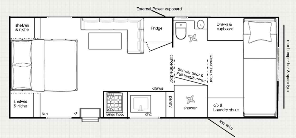 Floorplan of Canyon Caravans ZENITH showing front queen bed with shelves, central L-shaped lounge and fridge, side kitchen with stove and sink, rear single bed, toilet, shower, pantry and cupboards.