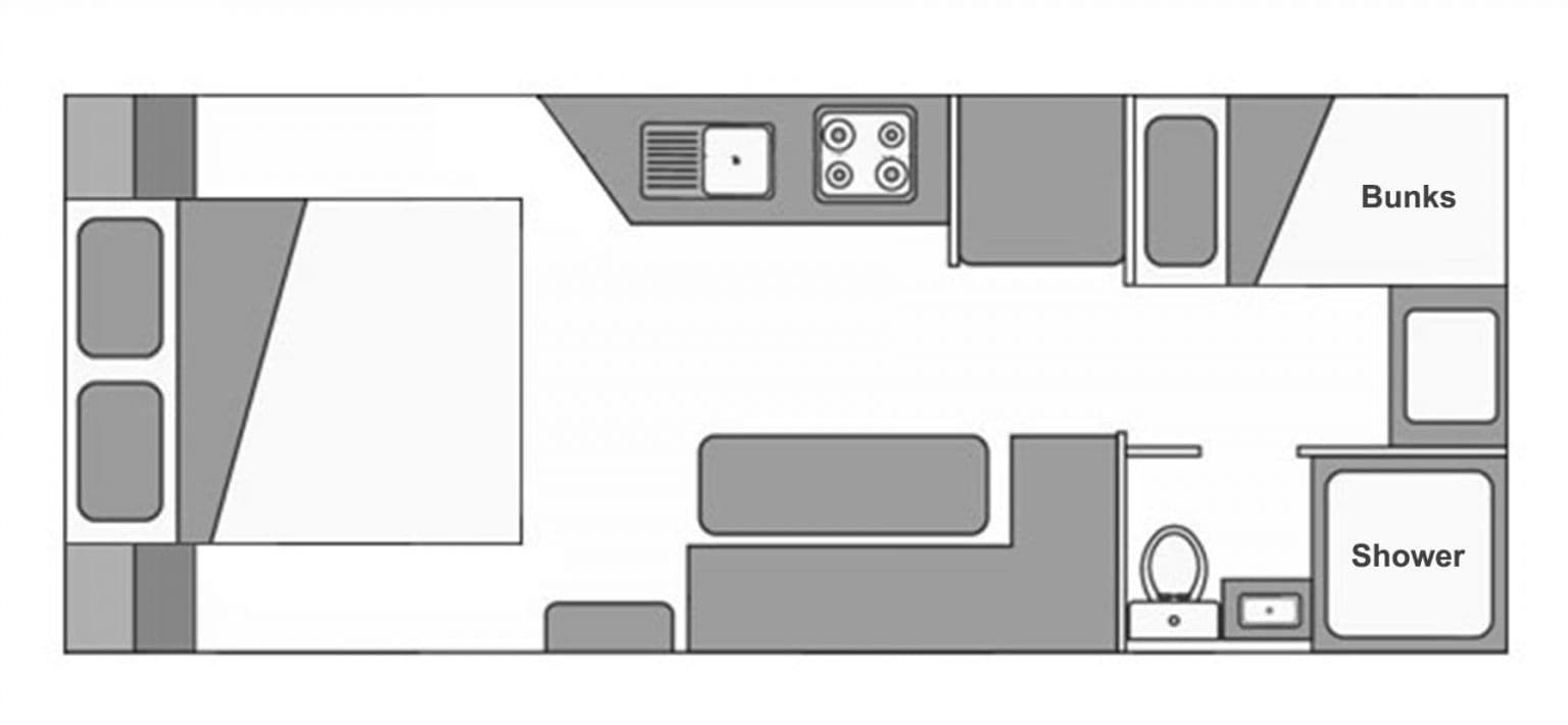 Classic floorplan — queen bed front, kitchen and dinette centre, bunks and ensuite rear
