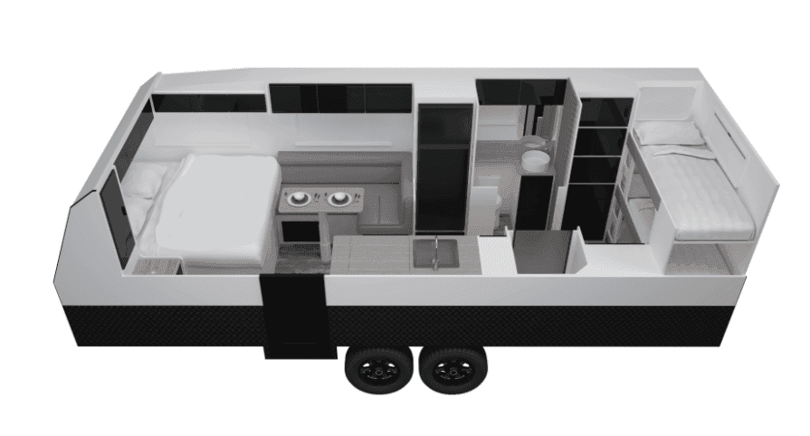 Canyon Caravans ZENITH floorplan showing front double bed beside side kitchen with cooktop and sink, central fridge and storage, rear bathroom with toilet, and opposite single bed with cupboards