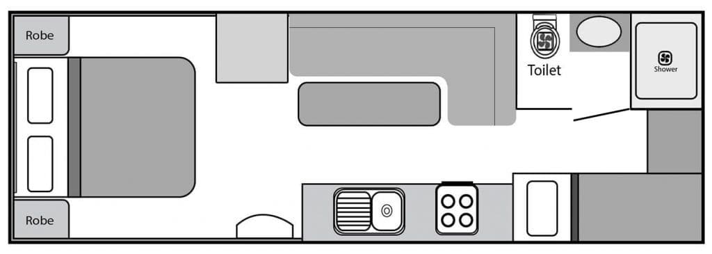 Glacier floorplan — queen bed front, dinette and kitchen centre, bunks and ensuite rear