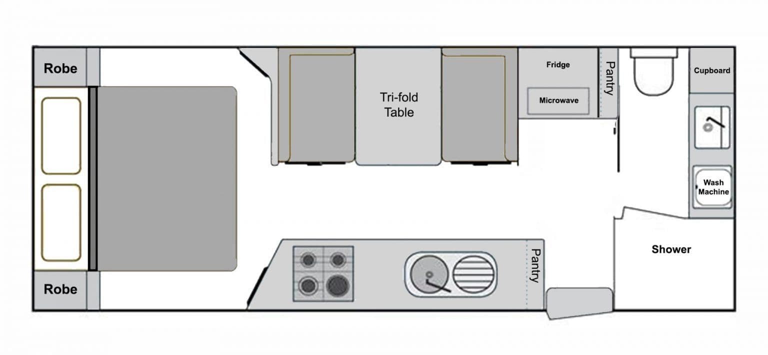Valley floorplan — queen bed front, café dinette and kitchen centre, ensuite rear